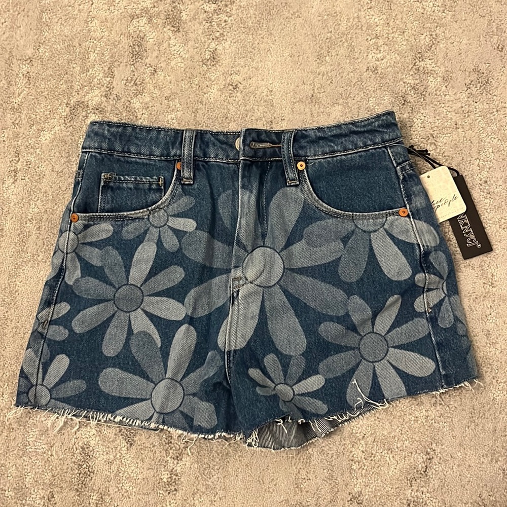 Free People Denim Shorts with Daisy Print in Size 25